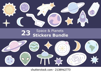 Space and planets cartoon stickers set. Rocket, solar system model, crescent moon, stars colorful childish patches pack with white outline