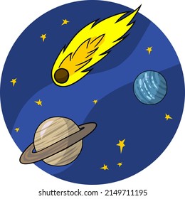 Space with planets and a comet on a dark background with bright stars, round card, vector illustration