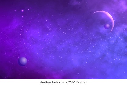 Space planets. Cosmos background with realistic nebula. Fantastic starry universe. Outer space wallpaper for poster or banner. Planet with eclipse effect. Abstract color galaxy. Vector illustration.