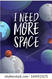 Space and planets in cosmos universe vector illustration. Cartoon background with planets, asteroids and stars and space lettering.