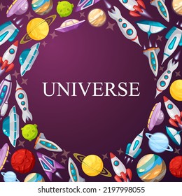 space planets. decorative background with universe planets UFO rockets and space shuttles. Vector template with place for text