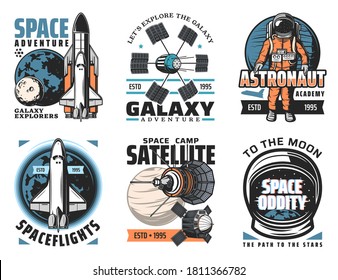 Space and planets exploration vector icons. Shuttle launch vehicle and orbiter with solar system platens, artificial satellites and orbital telescopes, astronaut in spacesuit retro illustrations