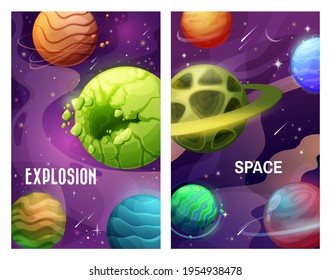 Space And Planets, Explosion In Galaxy And Asteroids Attack, Vector Fantasy Cartoon Background. Aliens Invasion, Meteorite And Comets Collide With Planets In Space Sky, Futuristic Universe Posters