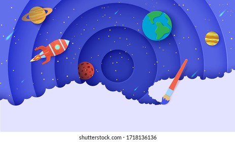 Space with planets and flying red polygonal rocket in paper cut style. Vector planets Earth, Saturn, Mercury, Jupiter, Mars and paintbrush draw on abstract layered circle origami background.