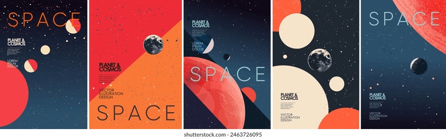 Space, planets and galaxy. Set of futuristic space posters featuring planets, cosmos, and abstract geometric shapes. Perfect for astronomy enthusiasts, science fiction themes, and modern wall art