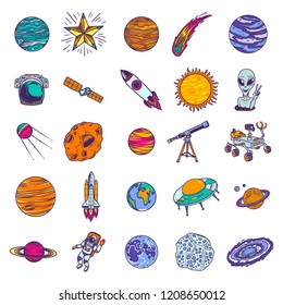 Space planets icon set. Hand drawn set of space planets vector icons for web design