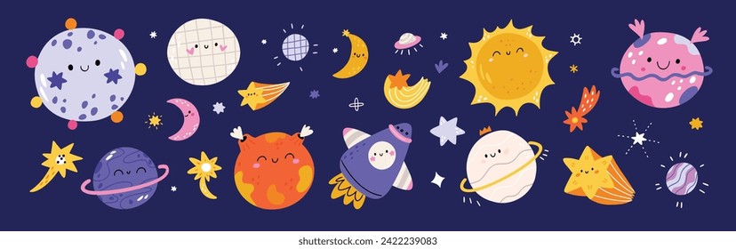 Space planets illustration. Cute space adventure baby planet, rocket, galaxy, moon, stars, meteorites in cartoon flat style