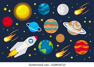 Los planetas espaciales aislan elementos establecidos en diseño plano. Ilustración del vector