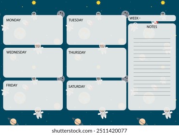 Espaço e planetas. Programação de aulas para programação educacional infantil. planejador semanal.