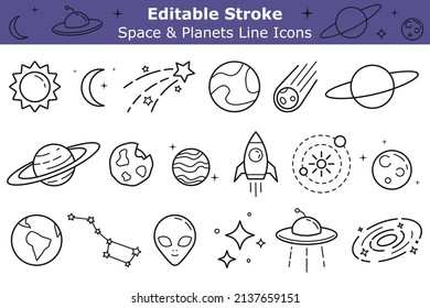 Space and planets line icons set with editable stroke. Astronomy pictograms pack. UFO, sun, rocket, comet simple symbols pack