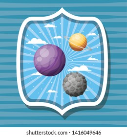 Space planets and moon over striped label design vector illustration