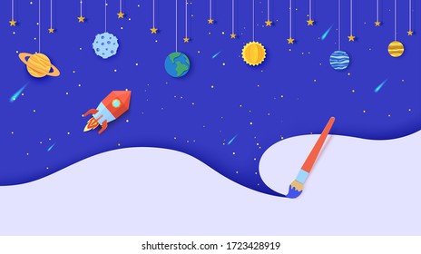 Space with planets on rope and flying red polygonal rocket in paper cut style. Cut out 3d abstract background with planet Earth, Sun, Mercury, Jupiter and paintbrush draw. Vector card illustration.