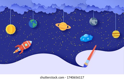 Space with planets on rope flying red polygonal rocket and UFO in paper cut style. Cut out 3d abstract background with cloudy night sky and flying saucer and paintbrush draw. Vector card illustration