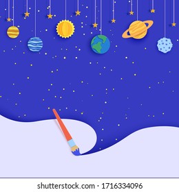 Space with planets on rope in paper cut style. Cut out 3d universe abstract background with planet Earth, Sun, Mercury, Moon Jupiter and spacecraft launch papercut art. Vector illustration for kids.