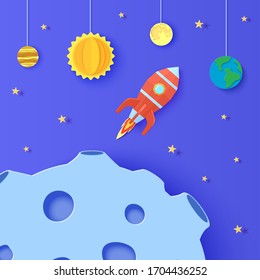 Raum mit Planeten und roter Rakete im Papierschnitt-Stil. Schneiden Sie abstrakte Hintergrundbilder aus dem 3D-Universum mit Planet Erde, Sonne, Quecksilbermond-Jupiter und Startpaperschnitt-Kunst für Raumfahrzeuge aus. Vektorillustration-Kartengrafik.