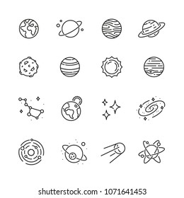 Space and planets related icons: thin vector icon set, black and white kit