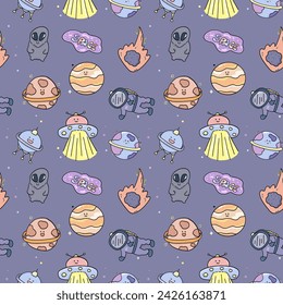 Space planets rocket cartoon pattern seamless