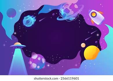 Space and planets. Rocket and UFO. Template for frame, banner, card. Children's cartoon vector illustration. EPS 10.