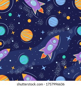 Space planets and rockets seamless pattern. Cartoon cosmos illustration with spaceship, stars, galaxy. Colorful vector design for textile, print, wrapping, nursery.