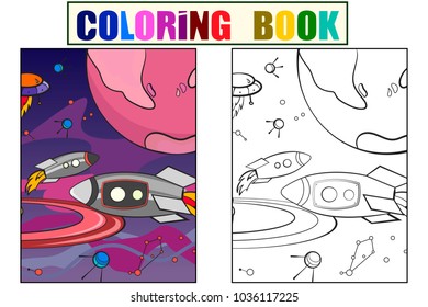 Space with planets, rockets, spaceships, constellations book for adults vector illustration. Cartoon children coloring, color, black and white