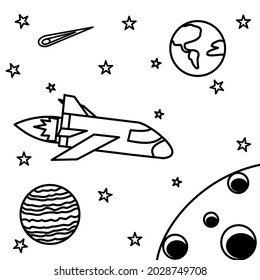 Space with planets, rockets, spaceships, constellations coloring book for adults vector illustration. Anti-stress for adult. Zentangle style. Black and white lines listen sun Lace pattern nature