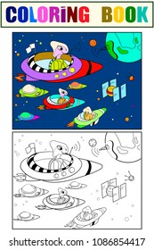 Space with planets, rockets, spaceships, UFO, constellations color and coloring book for adults vector illustration. Extraterrestrial life. Beings fly. Lace pattern nature