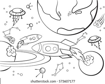 Space with planets, rockets, spaceships, UFO, constellations coloring book for adults vector illustration. Anti-stress for adult. Zentangle style. Black and white lines listen sun Lace pattern nature