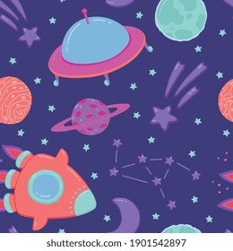 Space with planets, rockets, ufo, constellation and stars on navy blue background. Cartoon seamless repeating pattern of cosmos universe for kids design. Vector flat illustration