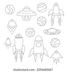 space, planets, rockets, vector outline set