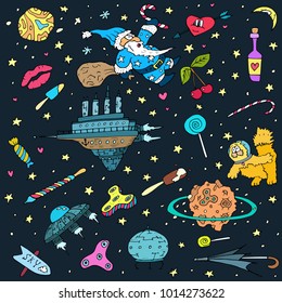 space and planets with santa claus, aliens, cosmonauts, cosmic icons, hand drawn doodles over dark background