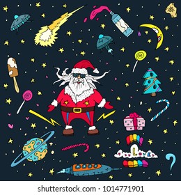 space and planets with santa claus, aliens, cosmonauts, cosmic icons, hand drawn doodles over dark background