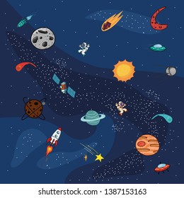 Space. Planets, satellites, astronauts, comets. Hand drawing. Vector illustration.