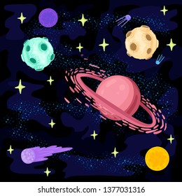 Space, planets and satellites in the dark. Asteroid belt. Space exploration. Print design. Vector illustration