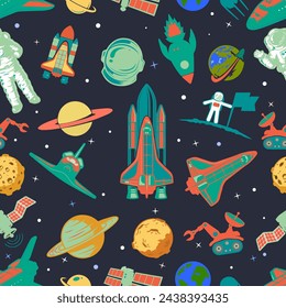 Space, planets, satellites, spaceships, astronauts, seamless pattern, children's background, vector illustration in cartoon style, for printing on fabric, clothing, wrapping paper, children's wallpape