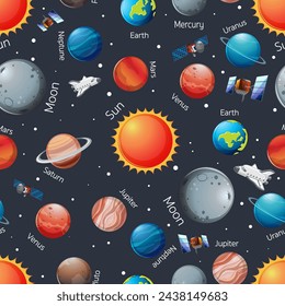 Space, planets, satellites, spaceships, seamless pattern