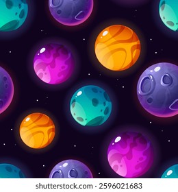 Space planets seamless pattern. Catroon vector background. Solar system illustration.