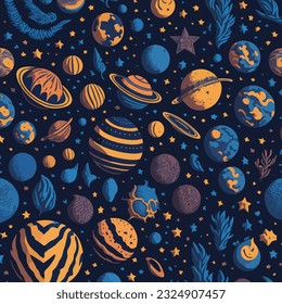 Space planets seamless pattern. cosmic night sky seamless patterns. hand drawn space background