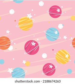 Space planets seamless pattern, hand drawn, polka dot pattern, cosmos planets background, Galaxy pattern