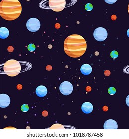 Space and planets seamless pattern, poster with collection of celestial objects, Jupiter and Mars, Venus and Pluto, isolated on vector illustration