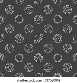 Space planets seamless pattern - vector dark linear texture