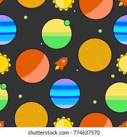 Space planets seamless pattern vector background universe galaxy cartoon cosmic star astronomy science spaceship design. Cosmos moon sky solar textile comet wallpaper asteroid.