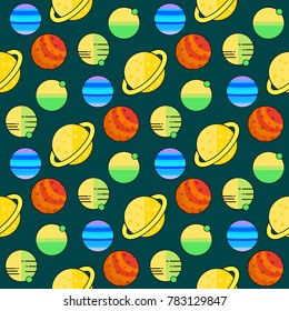 Space planets seamless pattern vector background universe galaxy cartoon cosmic star astronomy science spaceship design. Cosmos moon sky solar textile comet wallpaper asteroid.