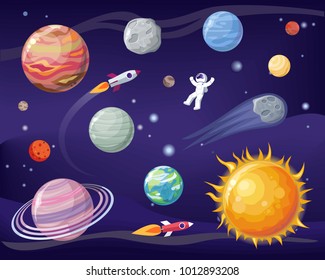 Space and planets set, poster with astronaut wearing special suit, Sun and Earth, stars and cosmos, vector illustration isolated on black and blue