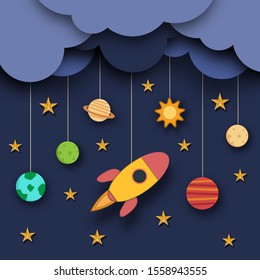 Space with planets and space ship background in paper art design. Vector illustration.