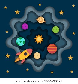 Space with planets and space ship in paper art design. Galaxy background. Vector illustration.