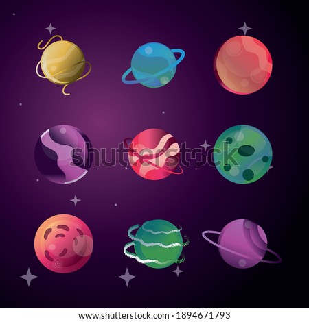 space planets solar system galaxy, icons set style vector illustration