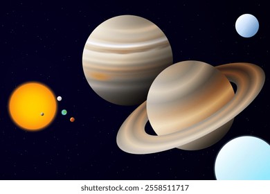 Space with Planets of the Solar System. Sun, Mercury, Venus, Earth, Mars, Jupiter, Saturn, Uranus, and Neptune Planet Illustration