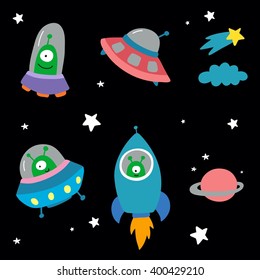 space with planets and spaceships vector pattern