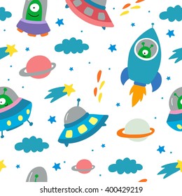 space with planets and spaceships vector seamless pattern