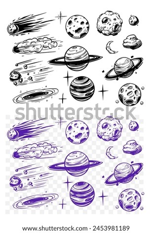 Space, planets, stars, asteroids, comets, galactic objects. Hand drawn set, vector sketch illustration, black outline, print design